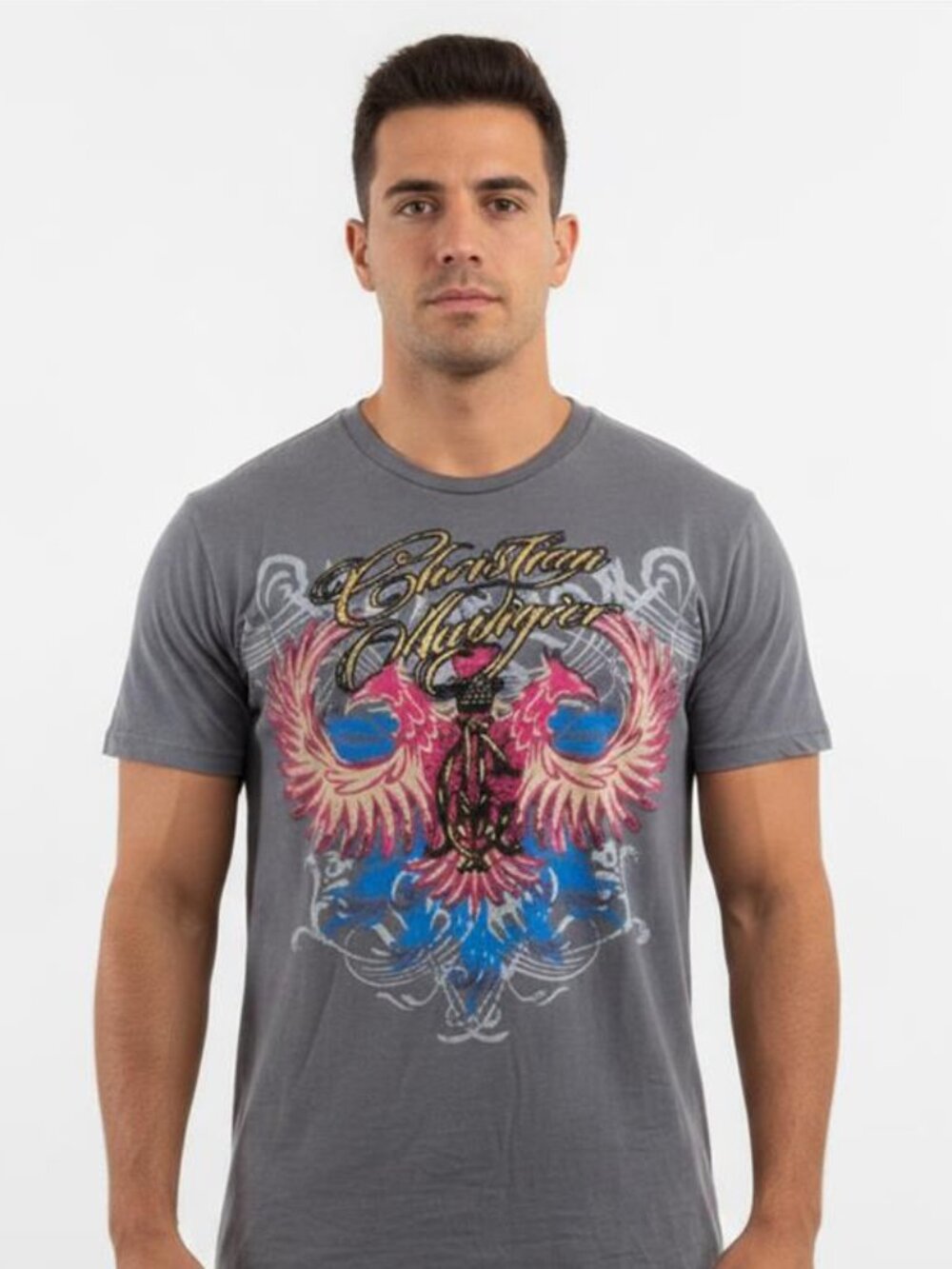 Vintage Christian Audigier Shirt XL Grey Foil Phoenix NWT Deadstock 2008 USA